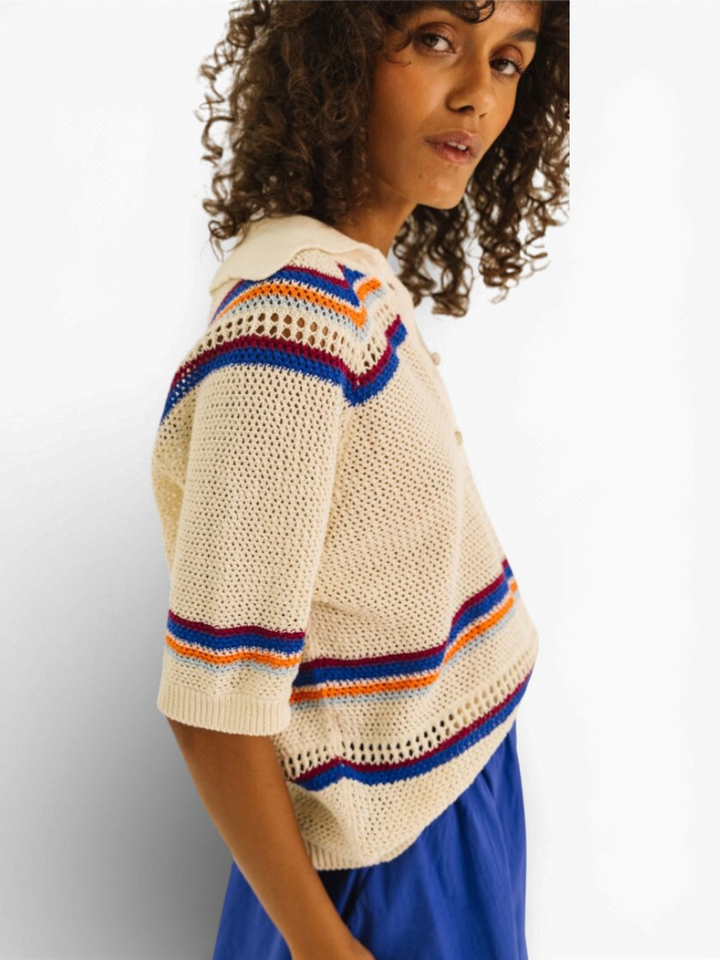 Ecru gehaakte polo met kleur detail Eylin Tinsels 