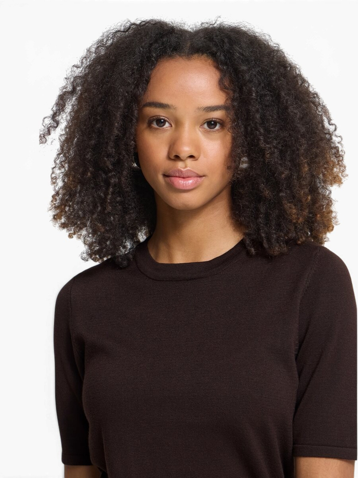 Donkerbruine pull met ronde hals en korte mouwen Ichi 