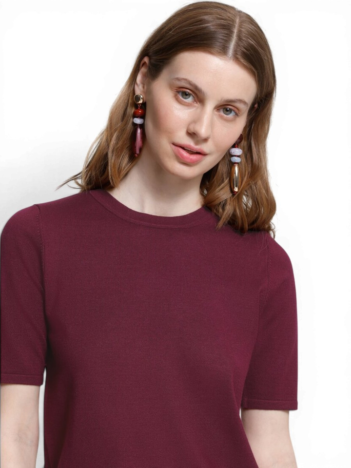 Bordeaux pull met ronde hals en korte mouwen Ichi 