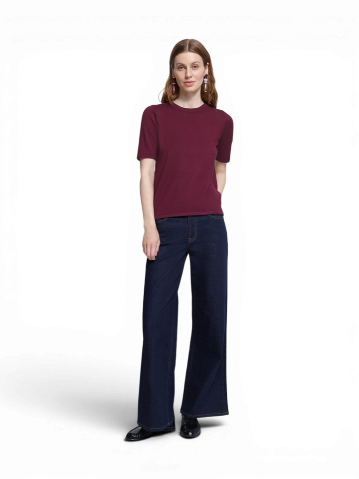 Bordeaux pull met ronde hals en korte mouwen Ichi 
