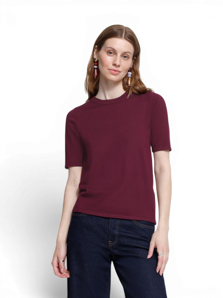 Bordeaux pull met ronde hals en korte mouwen Ichi 