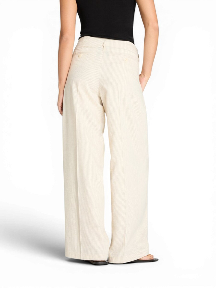 Beige wijde broek met bandplooi en fijne streep Addison Cambio 