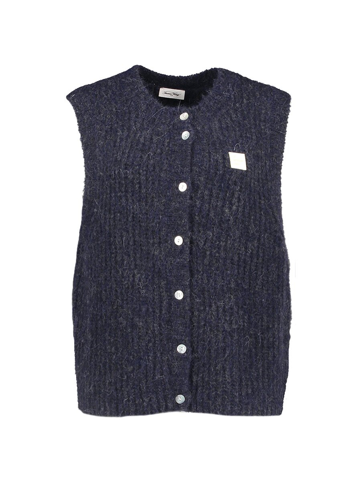 Blauwe gilet zonder mouwen en merklogo op de borst East American Vintage 