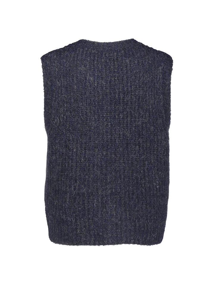 Blauwe gilet zonder mouwen en merklogo op de borst East American Vintage 