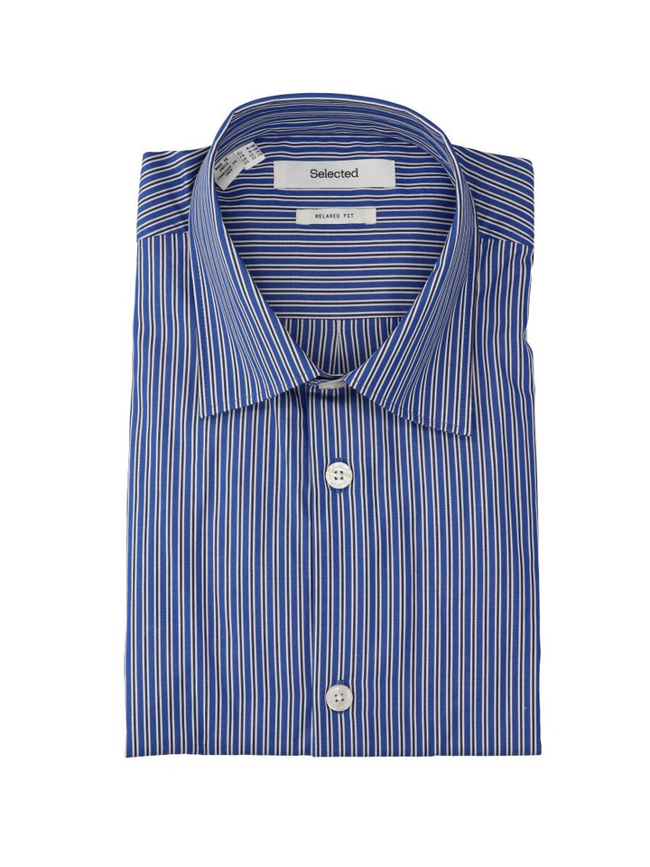 Kobaltblauw en zwart en wit gestreept katoenen hemd met lange mouwen Selected 