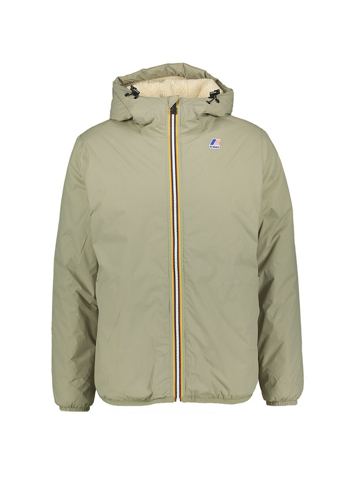 Groene winterjas met rits en kap in teddy stof K-Way
