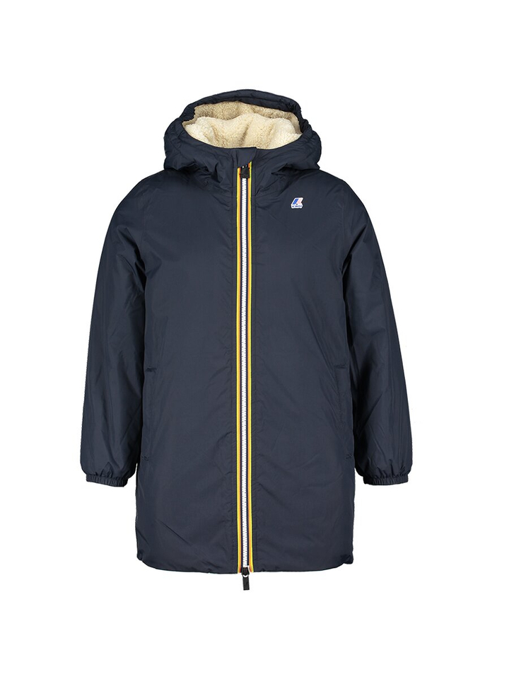 Blauwe jas met rits en kap in teddy stof Claude Orsetto K-Way 