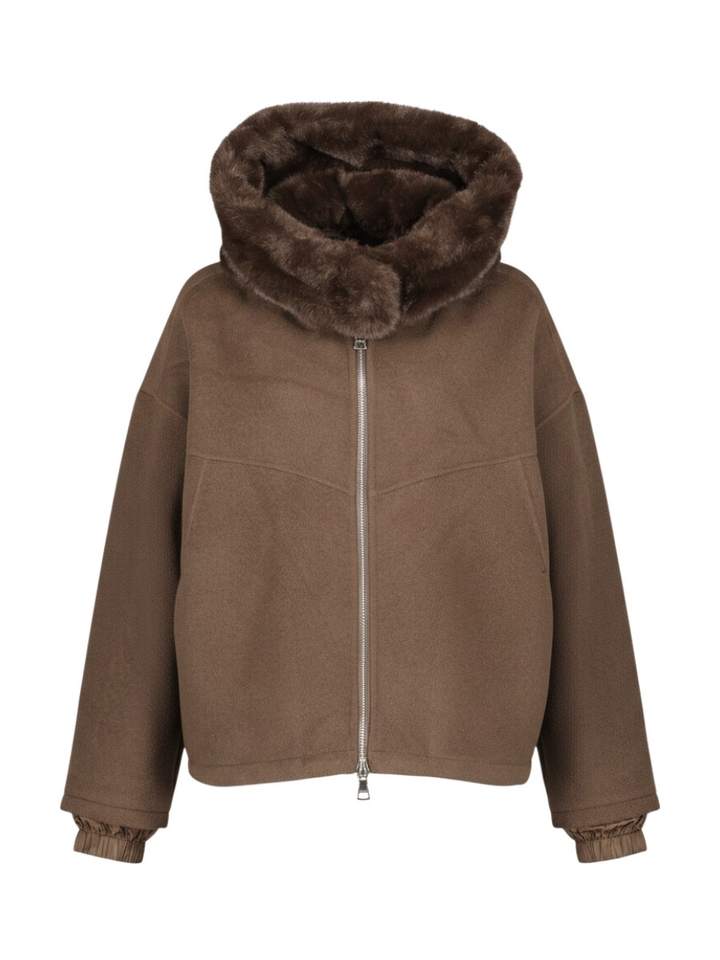 Donkerburine wollen jas met faux fur kraag Blonde N08