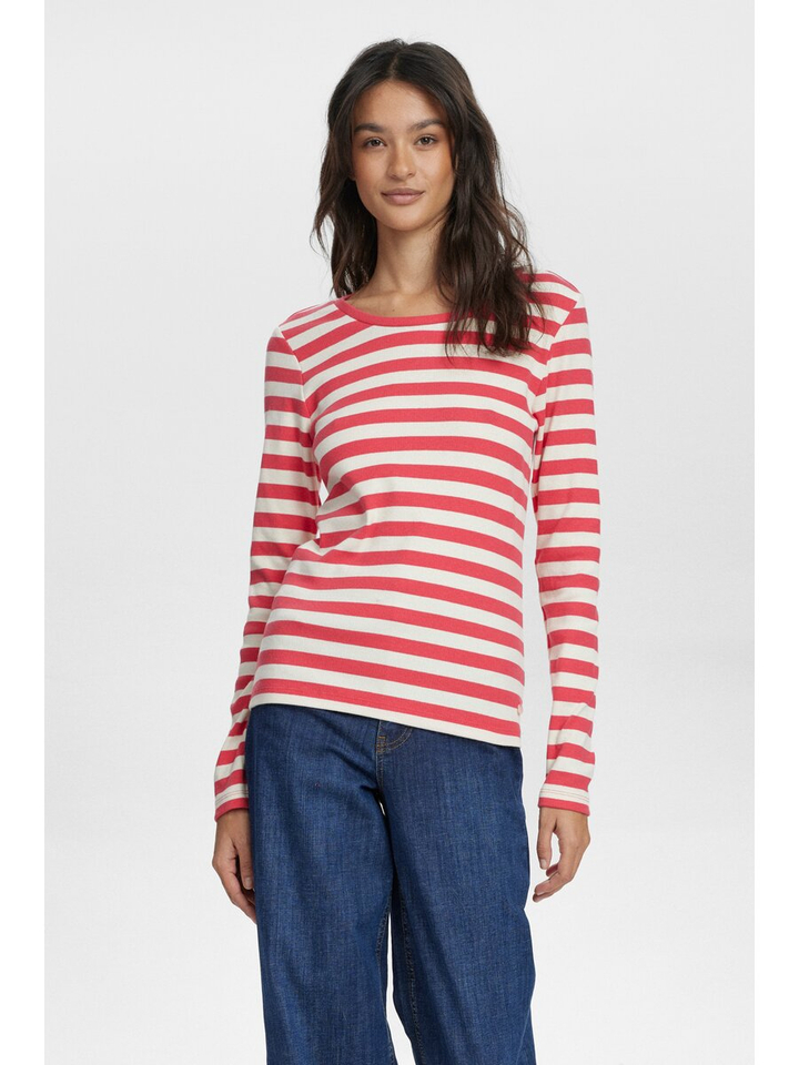 Rood en ecru gestreepte t-shirt met ronde hals Mixie Numph