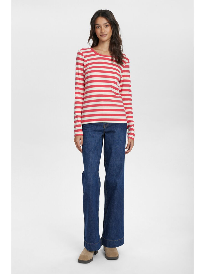 Rood en ecru gestreepte t-shirt met ronde hals Mixie Numph