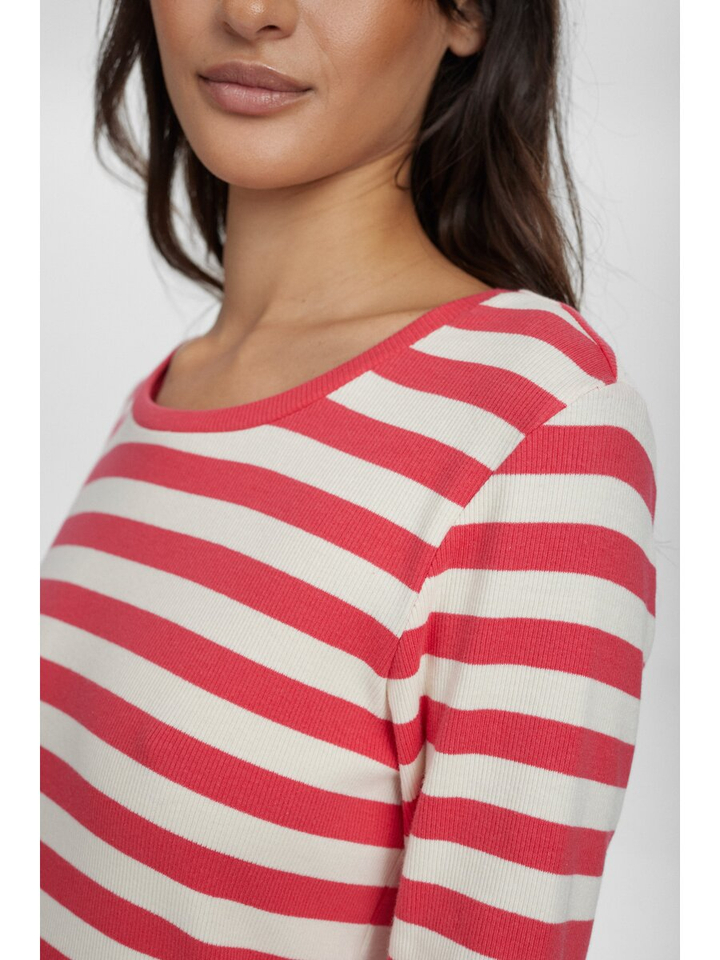 Rood en ecru gestreepte t-shirt met ronde hals Mixie Numph