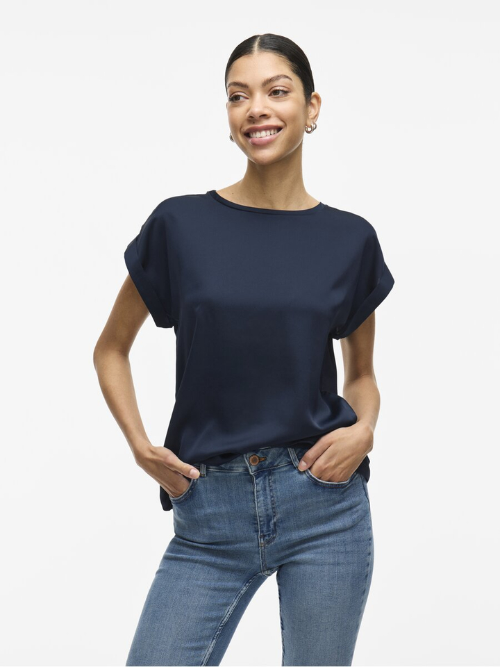 Blauwe t-shirt met glanzende stof aan rugzijde VIELLETTE Vila