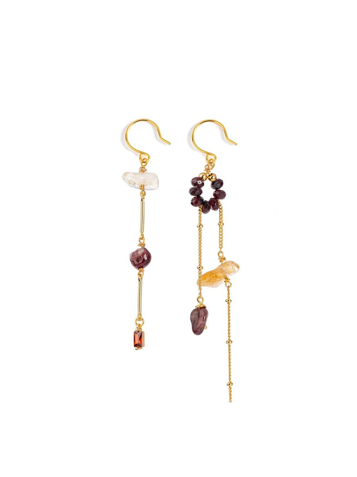 Asymmetrische oorbellen met citrien granaat & ketting Idyl Murielle Perrotti