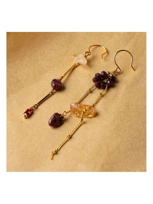 Asymmetrische oorbellen met citrien granaat & ketting Idyl Murielle Perrotti