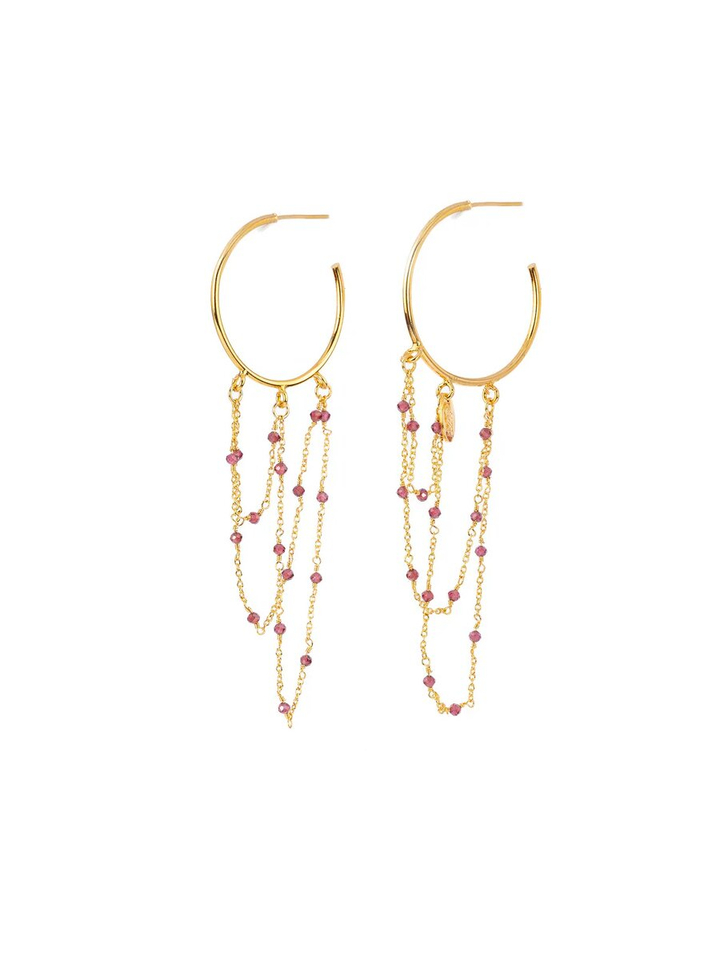Symmetrische oorringen & granaatketting gold burgundy Lucy Murielle Perrotti