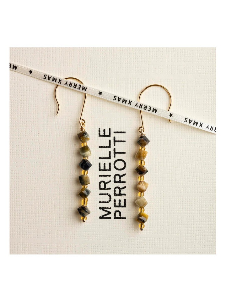 Asymmetrische tijgeroog kubus oorbellen Moni Murielle Perrotti 