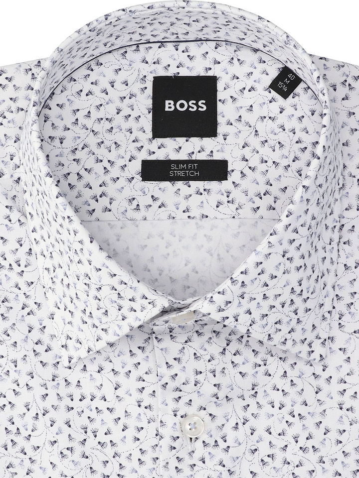 Wit hemd met blauw motief (slim fit stretch) met lange mouwen Hugo Boss 