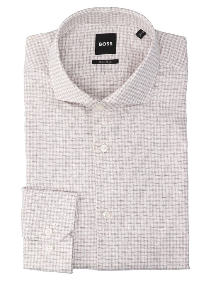 Hemd met fijne beige ruitmotief (regular fit) met lange mouwen Hugo Boss 