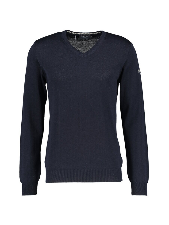 Donkerblauwe wollen pull met V-hals Maerz