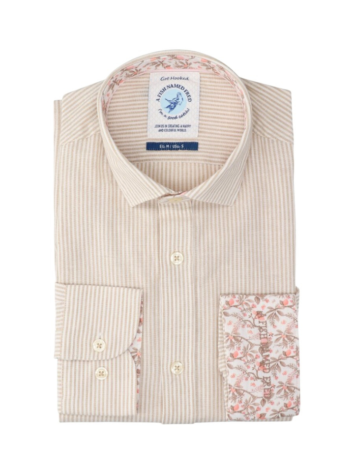 Beige en wit gestreept katoenen hemd (regular fit) met lange mouwen A Fish Named Fred