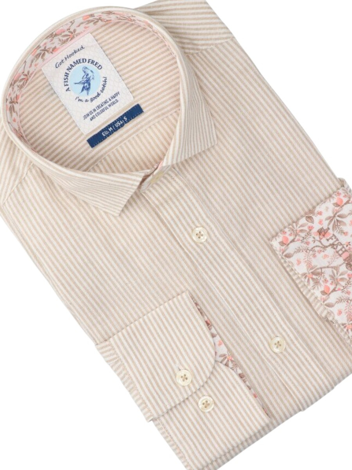Beige en wit gestreept katoenen hemd (regular fit) met lange mouwen A Fish Named Fred