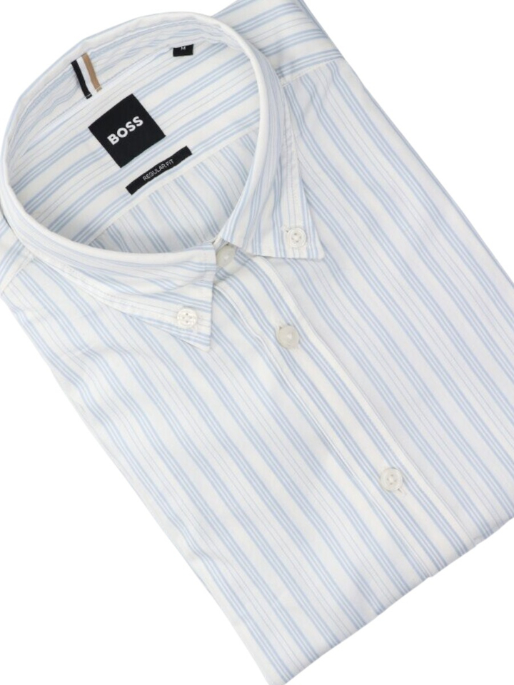 Lichtblauw en wit gestreept katoenen hemd (regular fit) met lange mouwen Hugo Boss