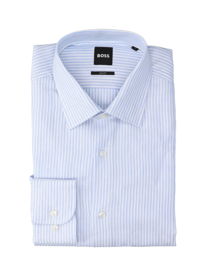 Blauw en wit gestreept linnen hemd (slim fit) met lange mouwen Hugo Boss