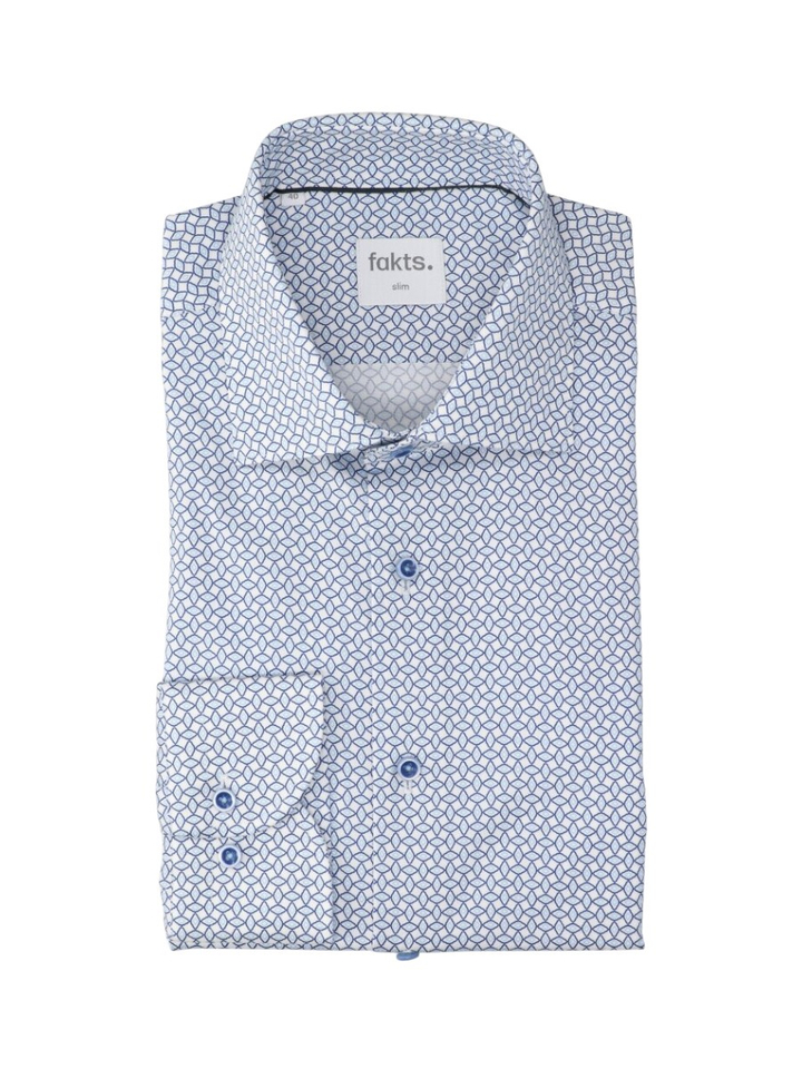 Wit katoenen hemd (slim fit) met lange mouwen in blauwe print Fakts