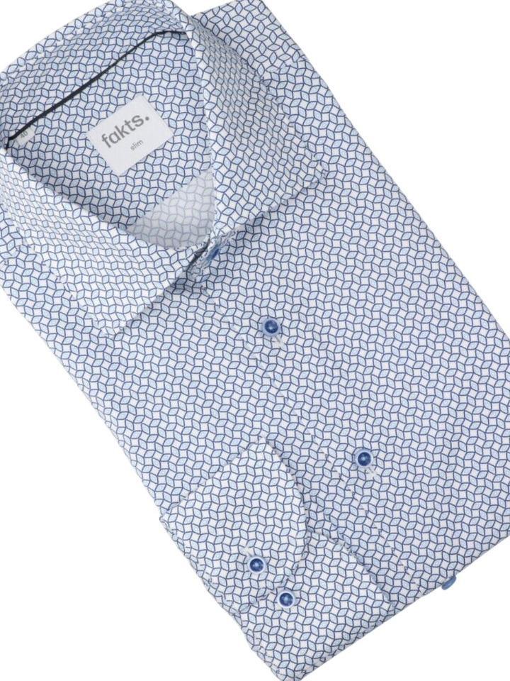 Wit katoenen hemd (slim fit) met lange mouwen in blauwe print Fakts