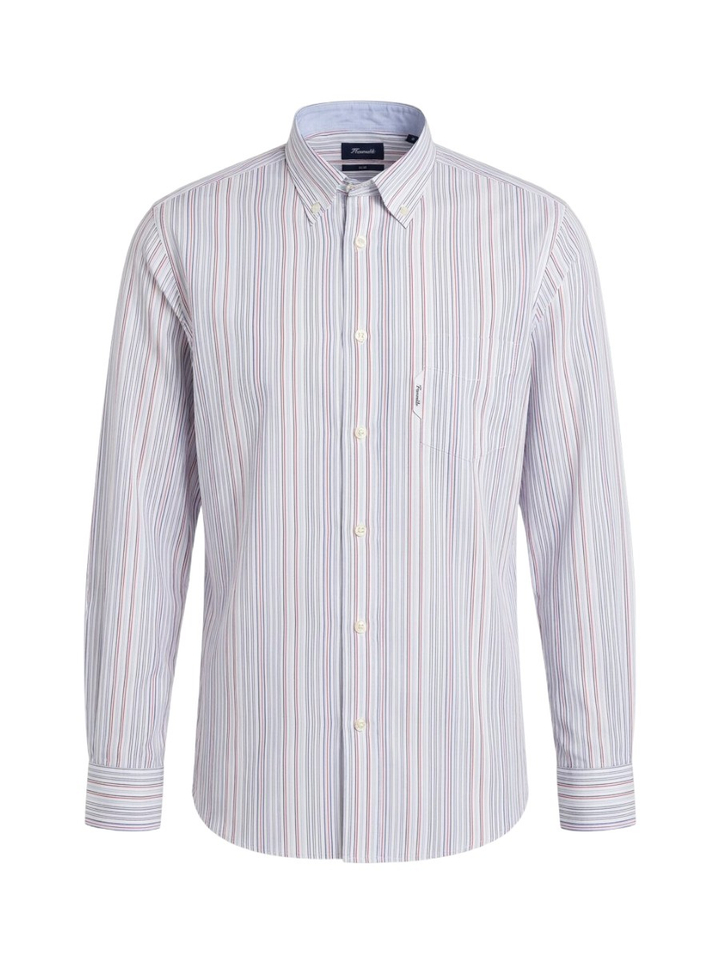 Wit katoenen blauw en rood gestreept hemd (regular fit) met lange mouwen Faconnable