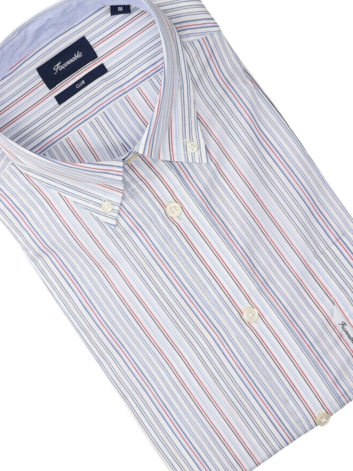 Wit katoenen blauw en rood gestreept hemd (regular fit) met lange mouwen Faconnable