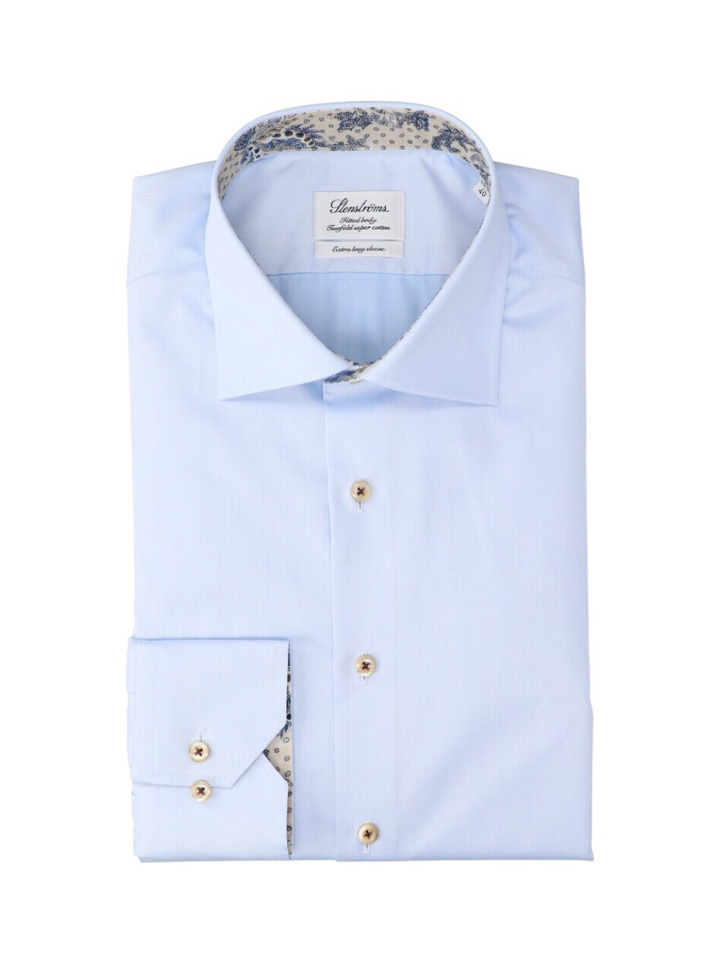 Lichtblauw katoenen hemd (slim fit) met extra lange mouwen Stenströms