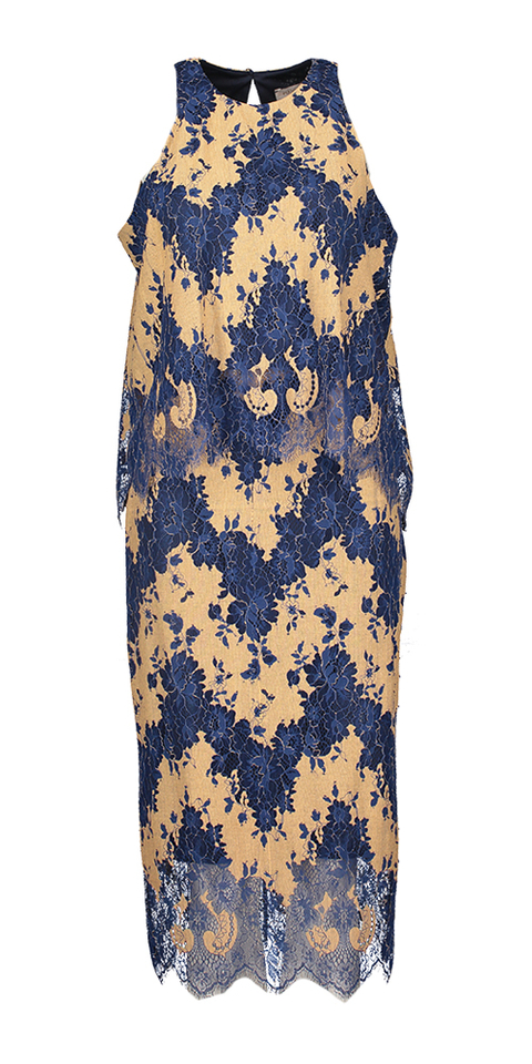 Blauw beige twee delige set met bloemenprint kant detail Rinascimento 