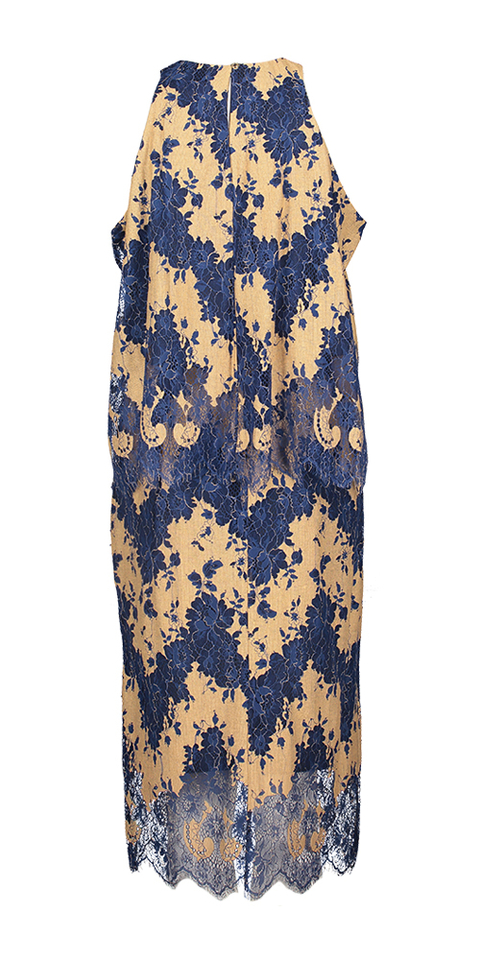 Blauw beige twee delige set met bloemenprint kant detail Rinascimento 