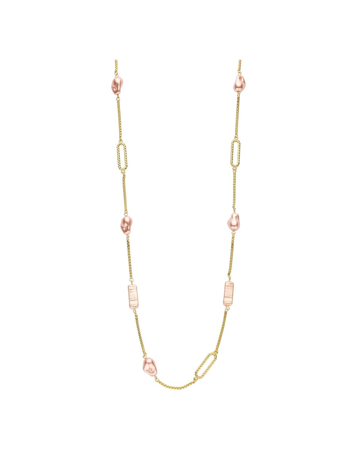 Lange oudroze halsketting met goudkleurige schakels en stenen in hars Dadelief Les Cordes 