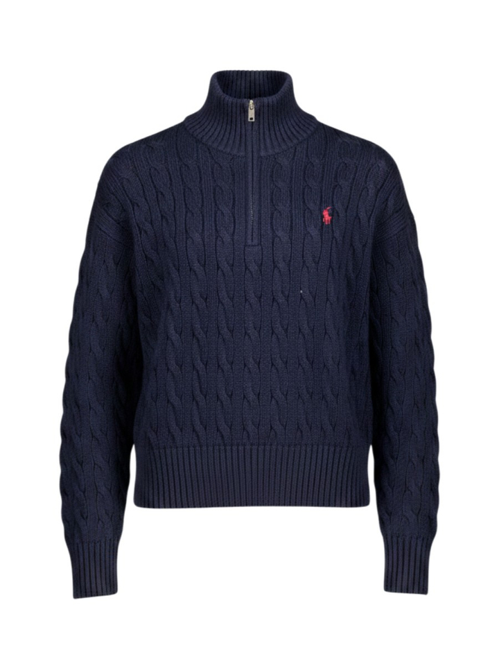 Donkerblauwe kabeltrui met korte rits Ralph Lauren