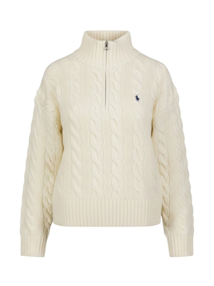 Ecru wollen-kasjmier kabeltrui met halve rits Ralph Lauren