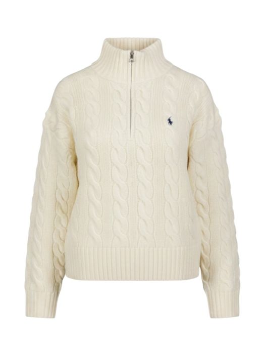 Ecru wollen-kasjmier kabeltrui met halve rits Ralph Lauren