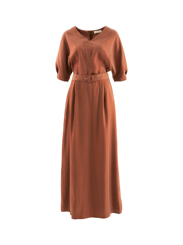Donkerbruine glanzende maxi-jurk met split Duccio Furore