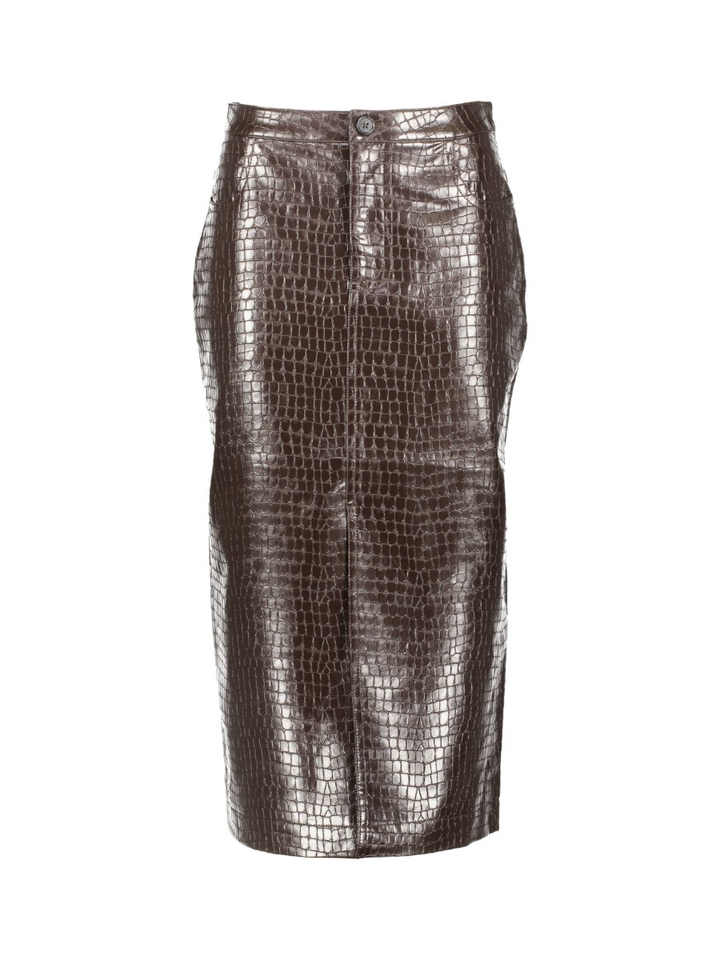 Donkerbruine midi-rok in lakleder Halina Bellerose 