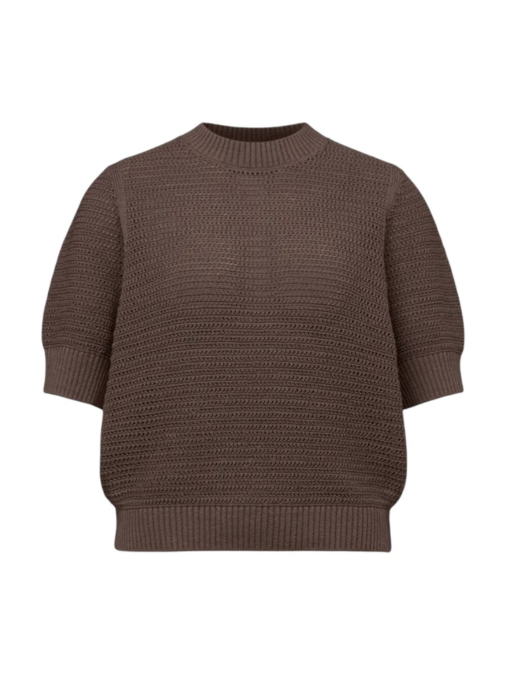 Bruine t-shirt met grofgebreide korte mouw in katoenmix Sanidy Drykorn