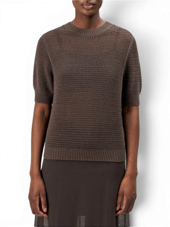 Bruine t-shirt met grofgebreide korte mouw in katoenmix Sanidy Drykorn