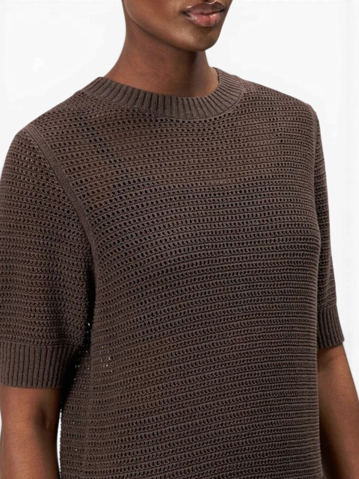 Bruine t-shirt met grofgebreide korte mouw in katoenmix Sanidy Drykorn