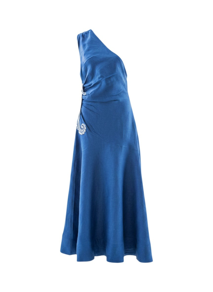 Kobalt blauwe linnen off shoulder maxi-jurk Farm Rio