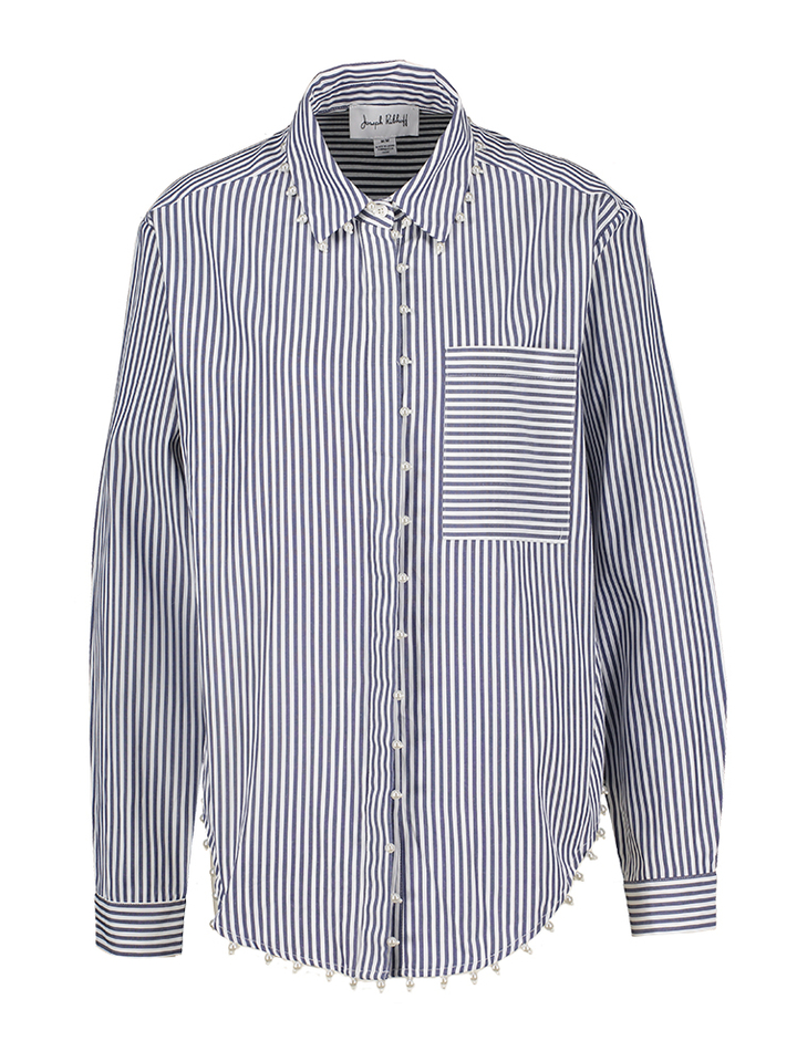 Blauwe blouse met witte strepen en pareltjes Joseph Ribkoff