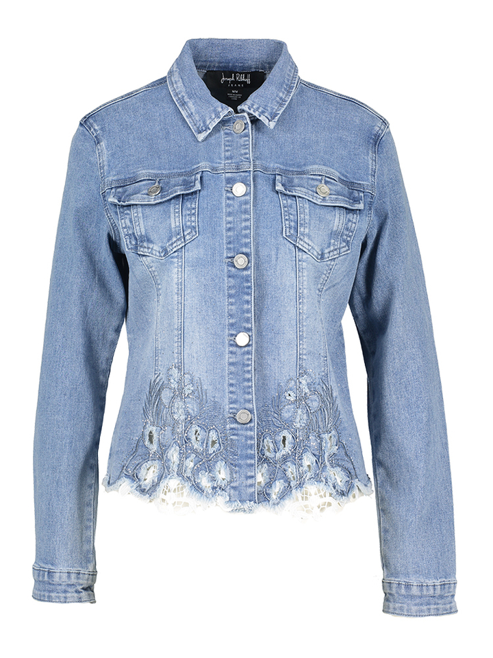 Blauwe jeansjas met strass en kanten detail onderaan Joseph Ribkoff