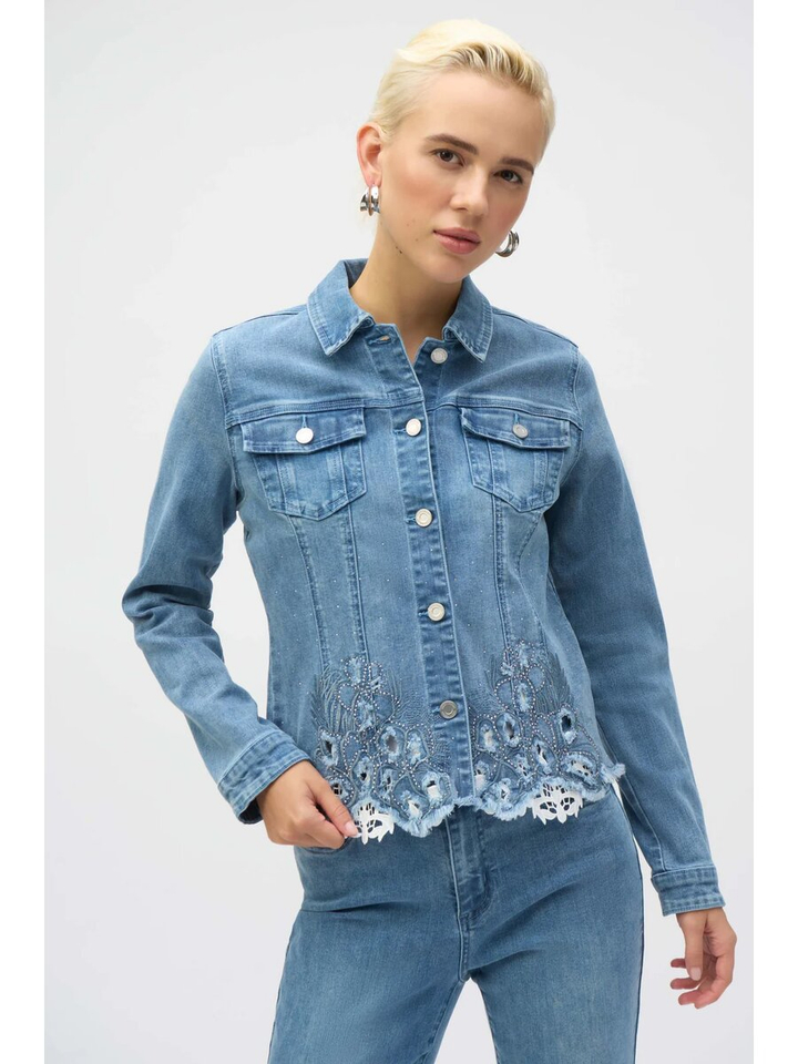 Blauwe jeansjas met strass en kanten detail onderaan Joseph Ribkoff