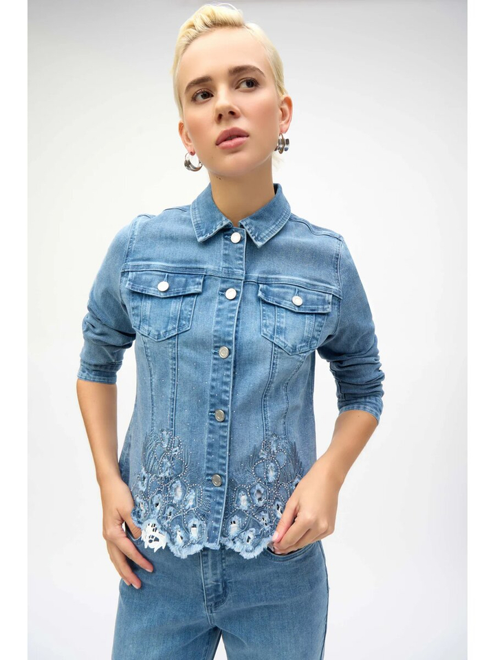 Blauwe jeansjas met strass en kanten detail onderaan Joseph Ribkoff
