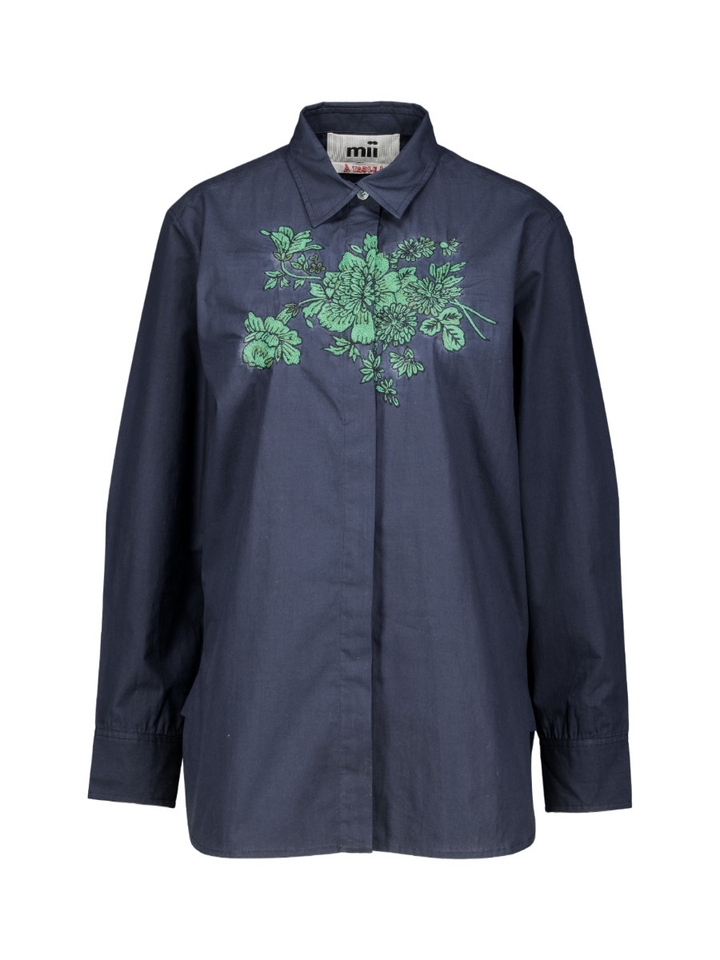 Donkerblauwe blouse met groene bloemenprint Assia Mii