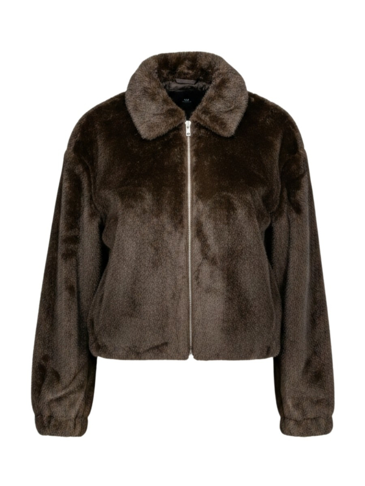 Donkerbruine kort imitatiebont vest met kraag Withblack
